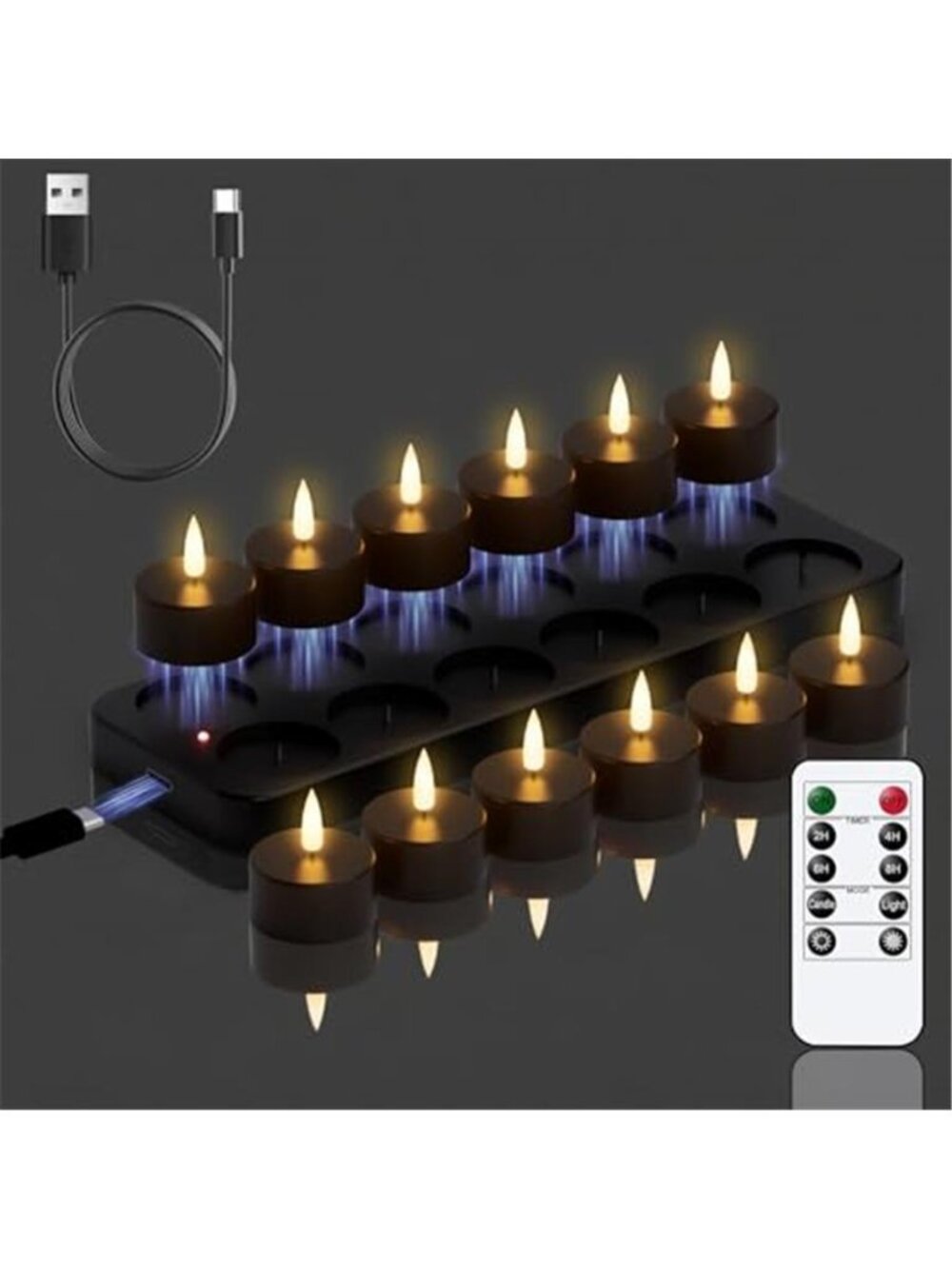 Rechargeable Tea Lights Candles Remote Timer Charging Base Black